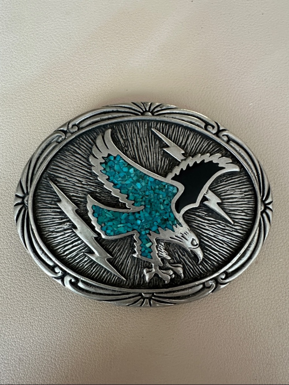 Silver-tone Eagle Belt Buckle with Crushed Turquoise Inlay and Lightning Bolts